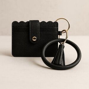 Black Bangle Wristlet Card Holder with Tassel Keychain